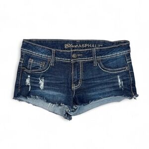 Y2K‎ Blue Asphalt Denim Low Rise Micro Mini Shorts Women's 5 Distressed Cut Off